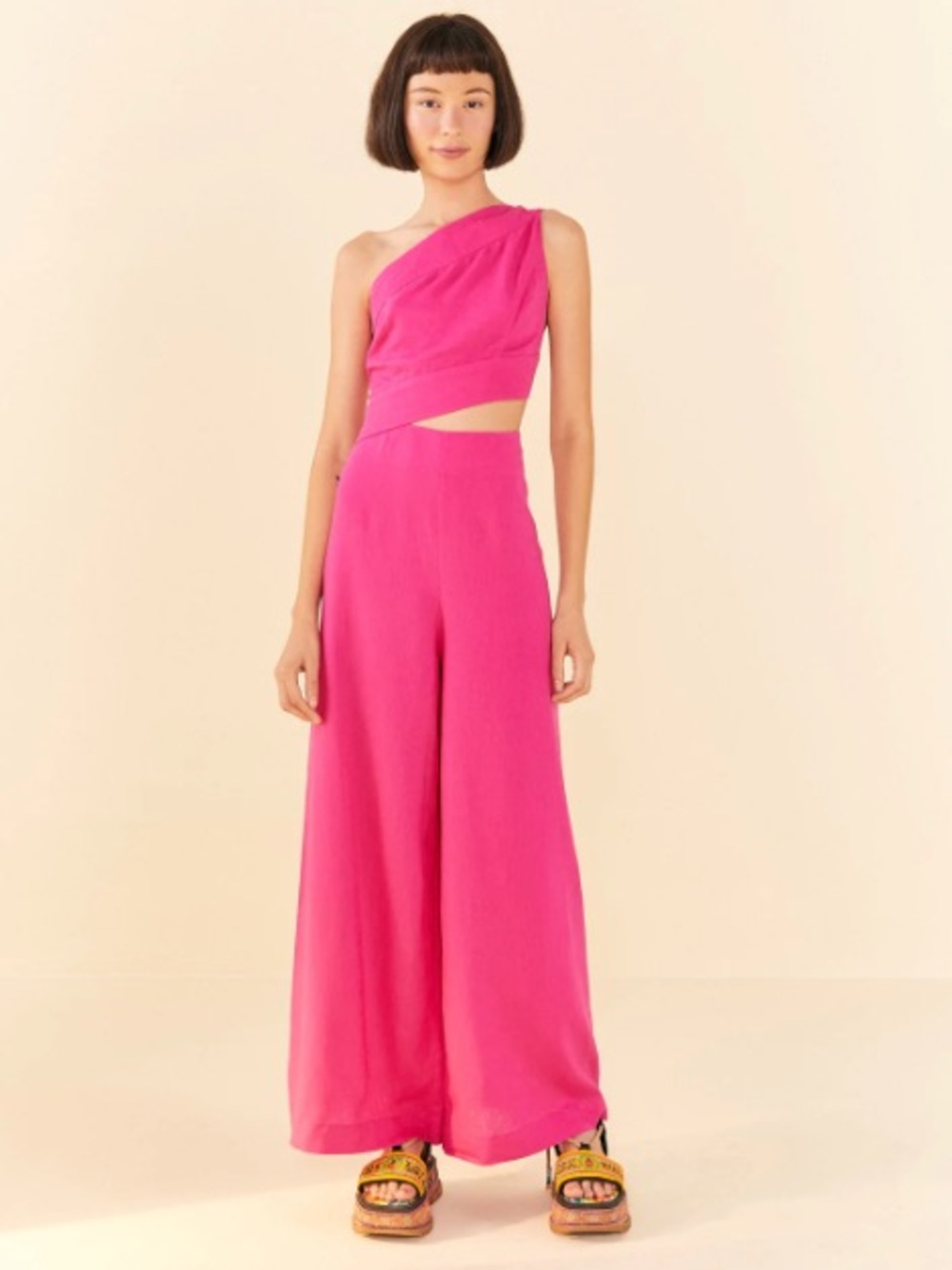 Farm Rio asymmetrical pink linen cut-out one shoulder jumpsuit